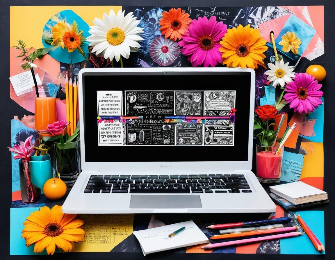 A creative collage depicting the duality of lifestyle blogging with elements of adult themes intertwined with educational motifs. Include a laptop displaying a vibrant blog interface, surrounded by symbols of pleasure like cocktails and flowers, merging with books, pencils, and a chalkboard representing education. The background should blend warm and inviting colors to signify pleasure with cool, structured tones for education. surrealistic style. vibrant colors. high contrast.