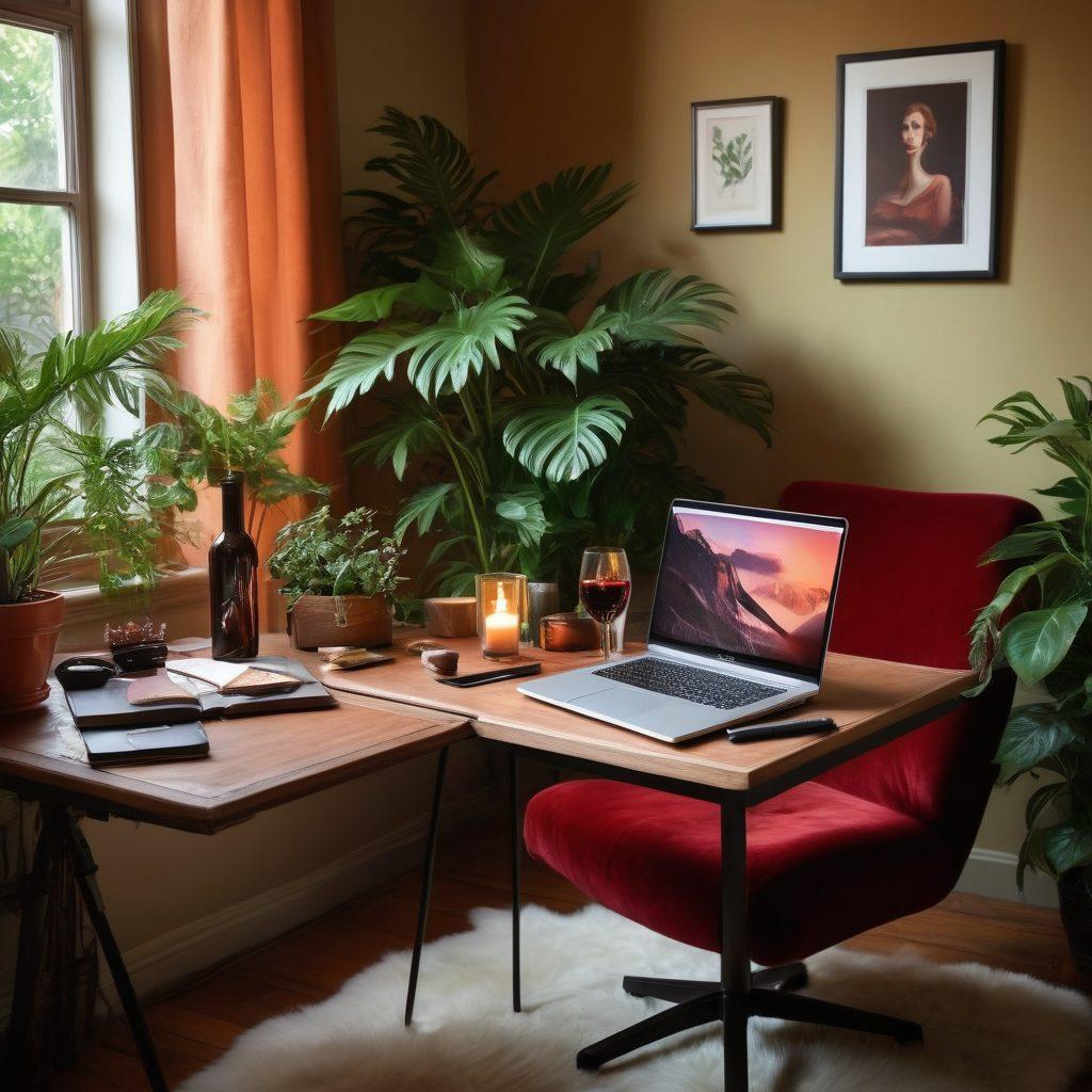 A sensual, warm-toned workspace featuring an open laptop displaying a blog titled 'Exploring the Intersection of Lifestyle and Adult Themes'. Surrounding the laptop are intimate props like a glass of red wine, softly lit candles, and a plush velvet chair. In the background, lush green plants and classy art pieces create an inviting ambiance. The scene evokes a blend of sophistication and sensuality, inviting readers to engage with erotic blogging. super-realistic. warm colors. cozy atmosphere.