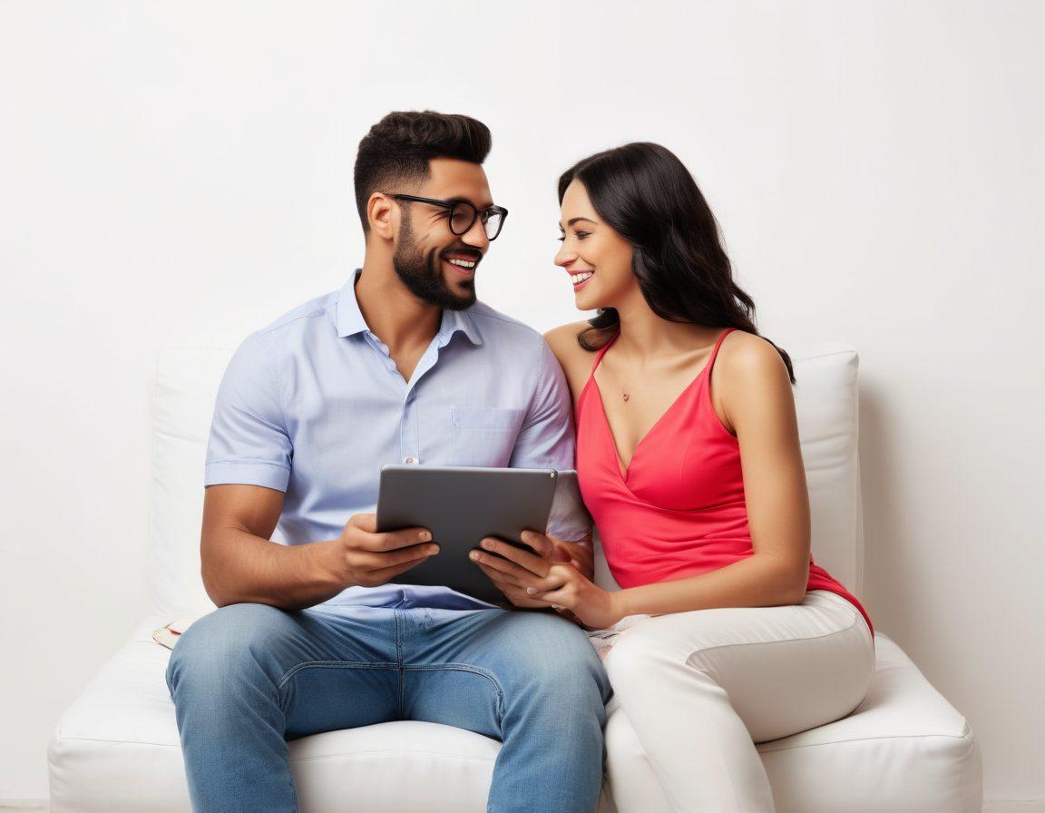 A modern couple sitting together, each holding a tablet with open sex blogs; a backdrop of diverse couples happily engaged in intimate conversations. Include a subtle heart motif in the background, symbolizing connection and communication. Vivid colors and playful icons representing various aspects of adult entertainment surround them. bright and inviting atmosphere. super-realistic. vibrant colors. white background.